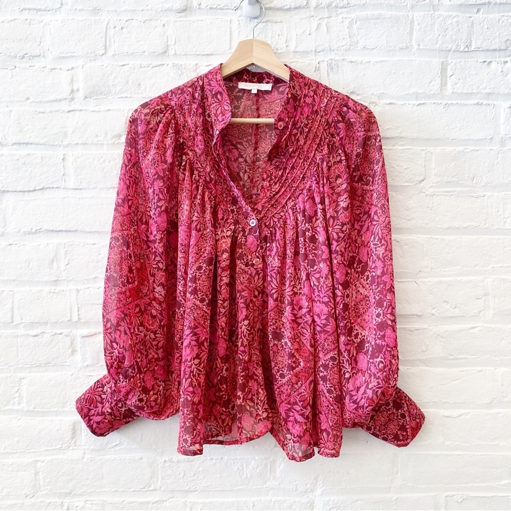 Olivaceous || Flowy Floral Sheer Blouse BIllowy Sleeves Pink‎ Small